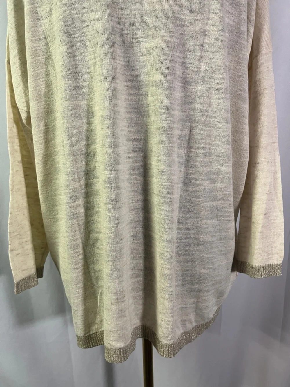 NWT LOFT Cream Gold Shimmer Trim 3/4 Sleeve Linen Blend Sweater